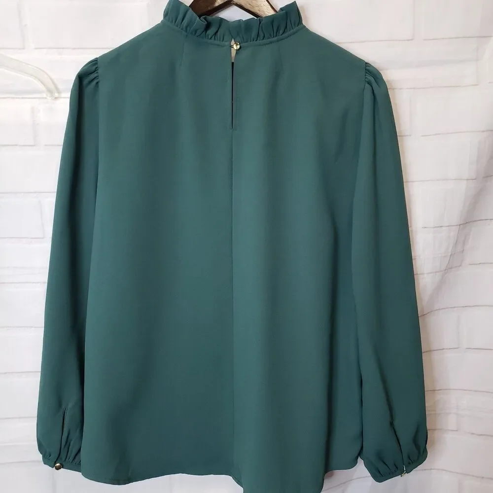 J. Crew Ruffle Mock Neck Blouse Medium M Forest Green Long Sleeve